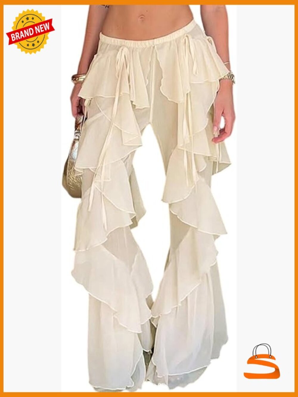 Ruffle Chiffon Wide Leg Palazzo Pants Elastic High Waist Bell Bottom Trousers